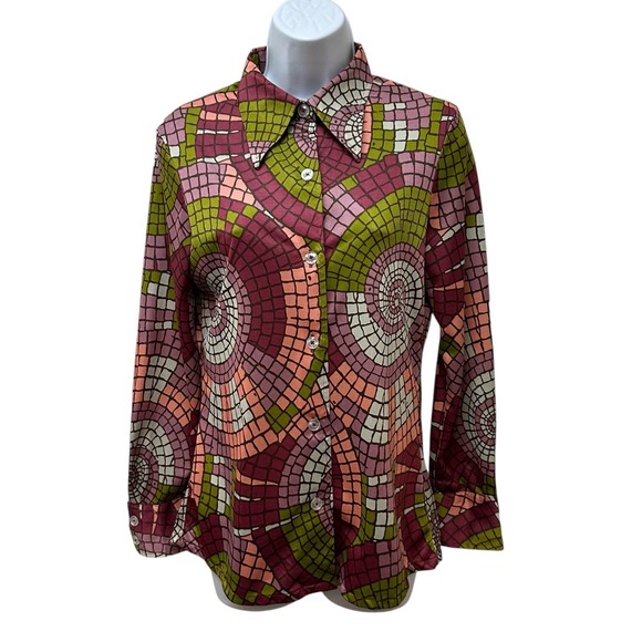 Vintage Antron Nylon Psychedelic Hippie Disco Dagger Collar Blouse Fit L
